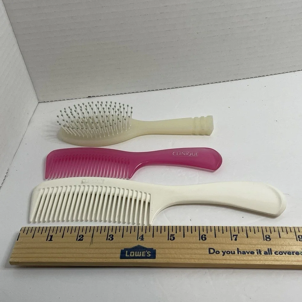 Clinique 2 Hair Combs/ 1 Brush Wide Tooth Detangling Hard Plastic White Pink VTG